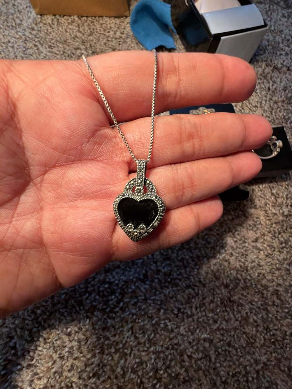 Sterling Silver Marcasite Black Onyx Heart Pendant Necklace 925